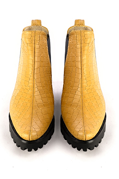 Mustard yellow and matt black women's ankle boots, with elastics. Round toe. Low rubber soles. Top view - Florence KOOIJMAN